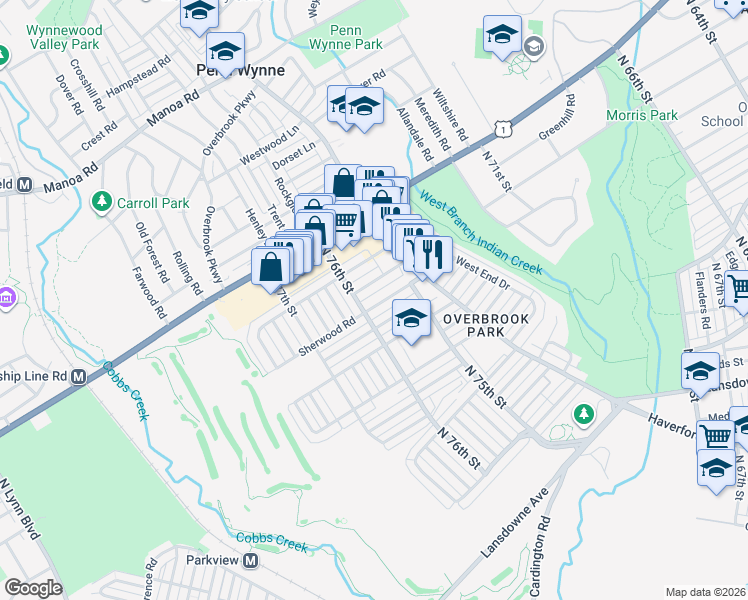 map of restaurants, bars, coffee shops, grocery stores, and more near 7557 Brentwood Road in Philadelphia