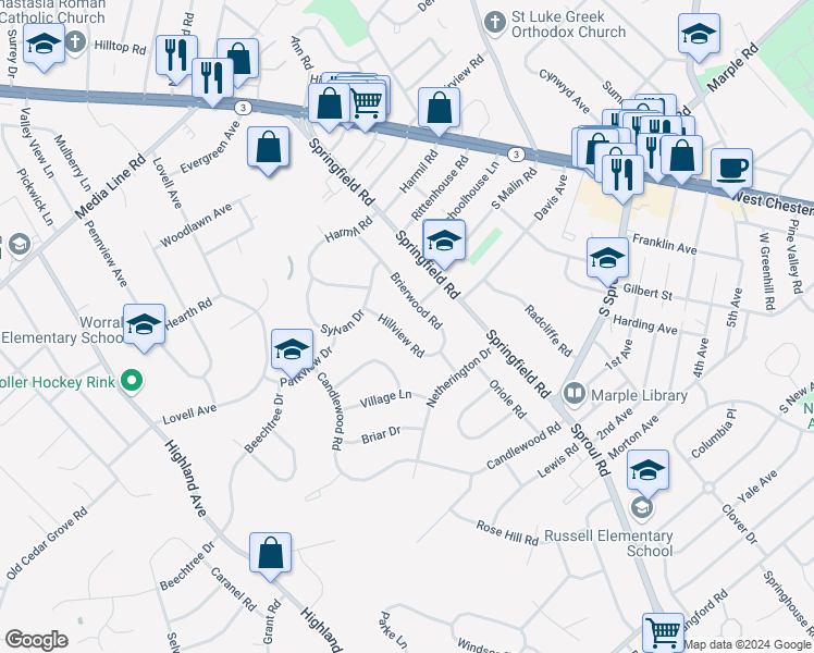 map of restaurants, bars, coffee shops, grocery stores, and more near 2735 Hillview Road in Broomall