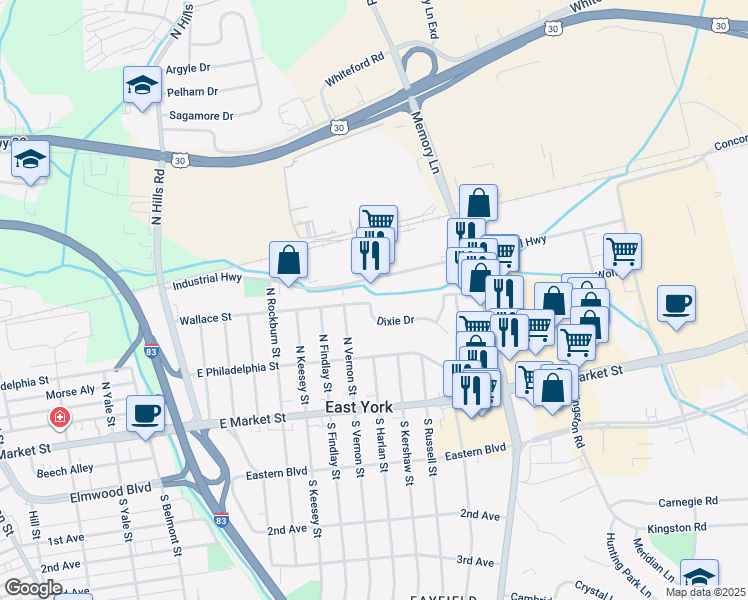 map of restaurants, bars, coffee shops, grocery stores, and more near 2207 Dixie Drive in East York