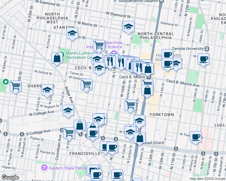 map of restaurants, bars, coffee shops, grocery stores, and more near 1523 North 17th Street in Philadelphia