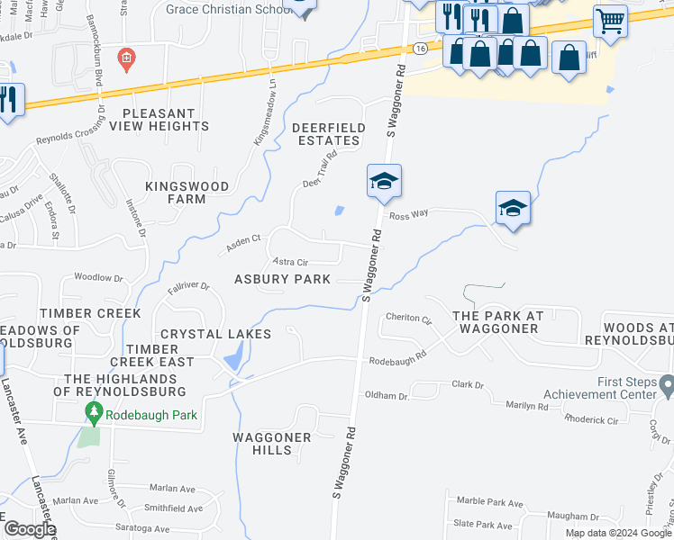 map of restaurants, bars, coffee shops, grocery stores, and more near 7746 Astra Circle in Reynoldsburg