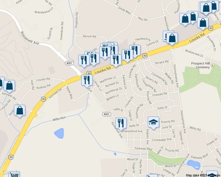 map of restaurants, bars, coffee shops, grocery stores, and more near 973 Northbriar Drive in York