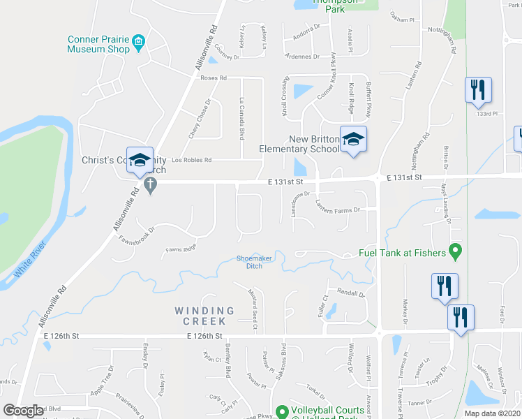 map of restaurants, bars, coffee shops, grocery stores, and more near 13046 New Britton Drive in Fishers