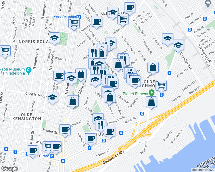 map of restaurants, bars, coffee shops, grocery stores, and more near 2347 East Norris Street in Philadelphia