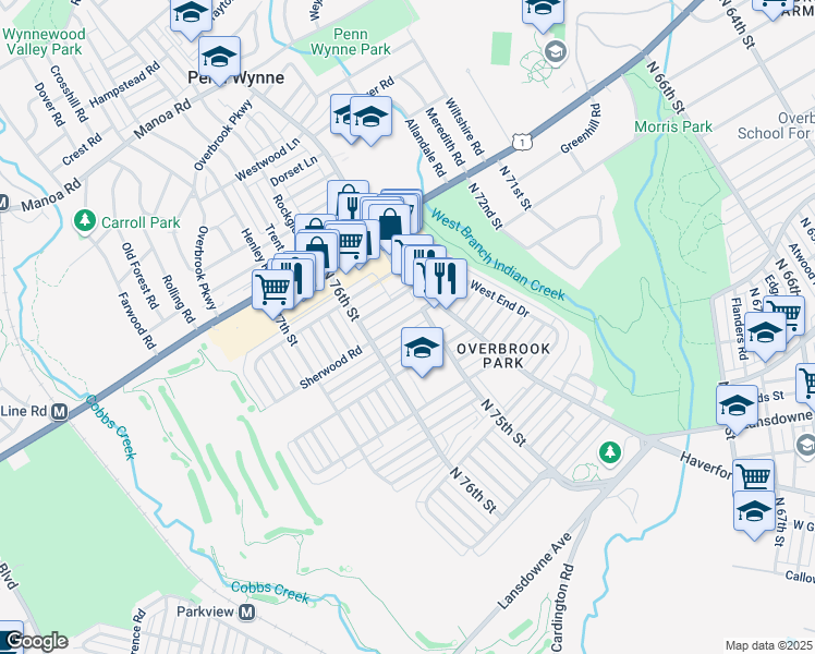 map of restaurants, bars, coffee shops, grocery stores, and more near 7524 Sherwood Road in Philadelphia