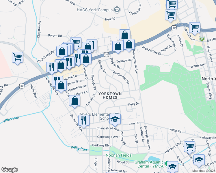 map of restaurants, bars, coffee shops, grocery stores, and more near 811 Fireside Road in York