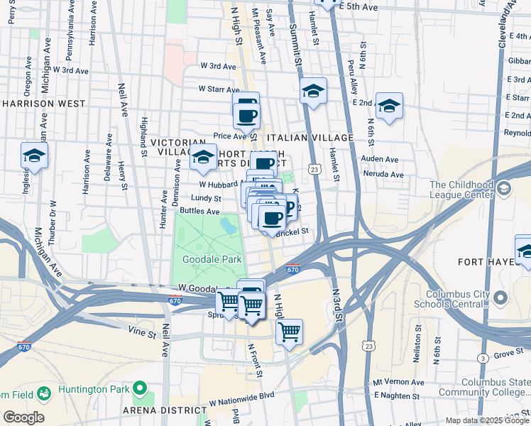 map of restaurants, bars, coffee shops, grocery stores, and more near in Columbus