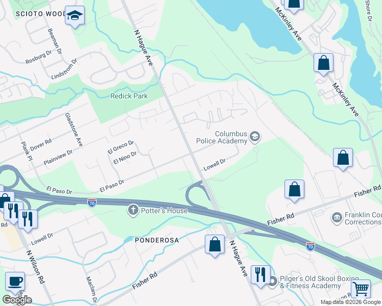 map of restaurants, bars, coffee shops, grocery stores, and more near N Hague Ave & El Paso Dr in Columbus