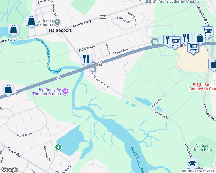 map of restaurants, bars, coffee shops, grocery stores, and more near Hainesport Lumberton Road in Hainesport