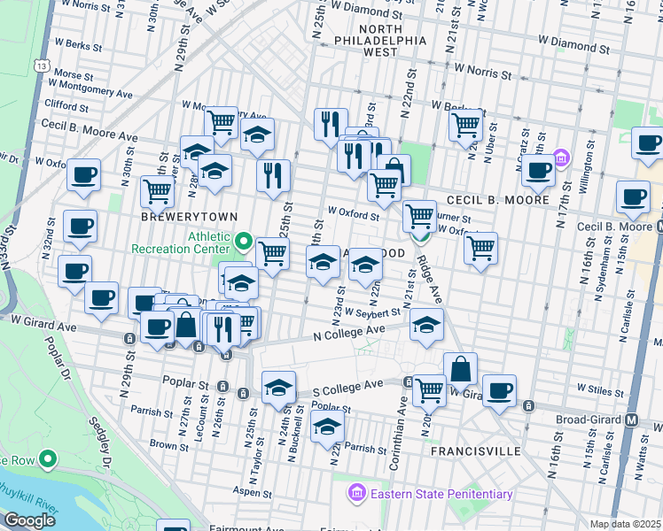 map of restaurants, bars, coffee shops, grocery stores, and more near 2317 Sharswood Street in Philadelphia