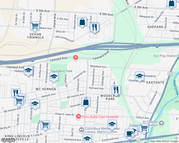 map of restaurants, bars, coffee shops, grocery stores, and more near 440 Taylor Avenue in Columbus