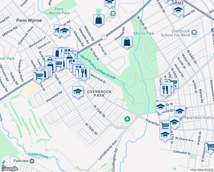 map of restaurants, bars, coffee shops, grocery stores, and more near 7305 Woodcrest Avenue in Philadelphia