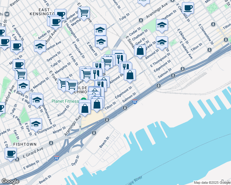 map of restaurants, bars, coffee shops, grocery stores, and more near 2643 East Huntingdon Street in Philadelphia