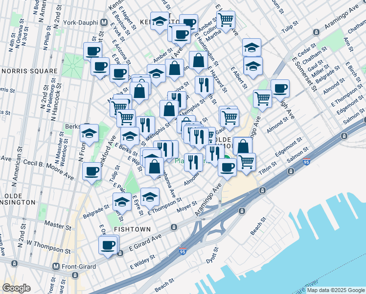 map of restaurants, bars, coffee shops, grocery stores, and more near 2432 East Gordon Street in Philadelphia