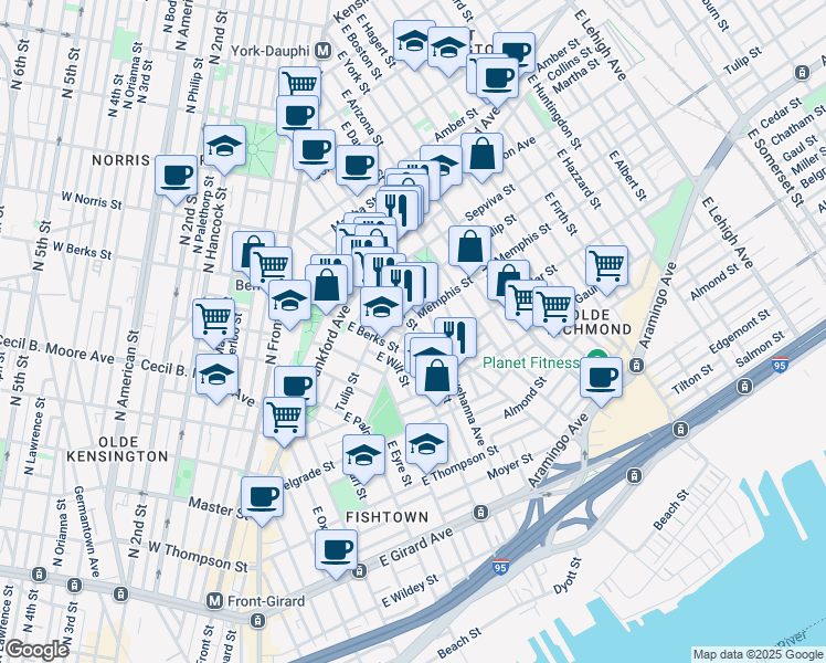 map of restaurants, bars, coffee shops, grocery stores, and more near 2338 East Norris Street in Philadelphia