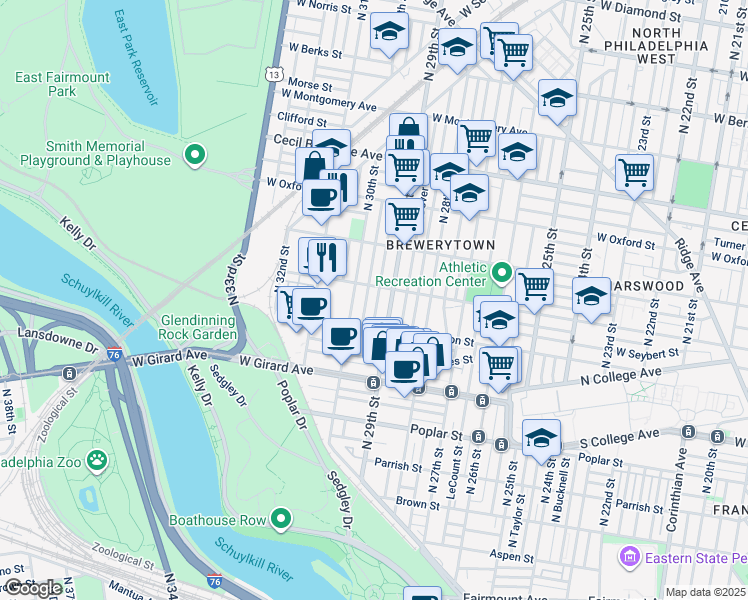 map of restaurants, bars, coffee shops, grocery stores, and more near 1336 North Hollywood Street in Philadelphia
