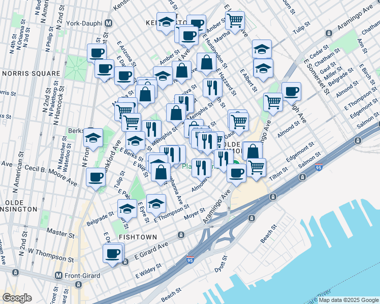 map of restaurants, bars, coffee shops, grocery stores, and more near 2432 East Gordon Street in Philadelphia