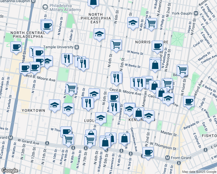 map of restaurants, bars, coffee shops, grocery stores, and more near 1701 North 6th Street in Philadelphia