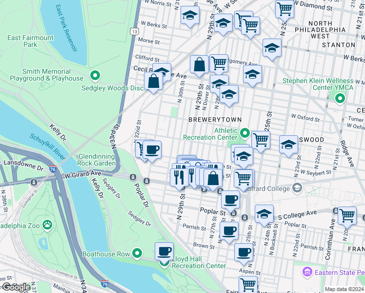 map of restaurants, bars, coffee shops, grocery stores, and more near 1336 North Hollywood Street in Philadelphia