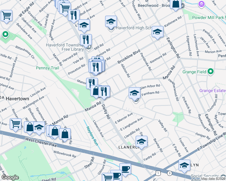 map of restaurants, bars, coffee shops, grocery stores, and more near 1014 Delaware Avenue in Havertown