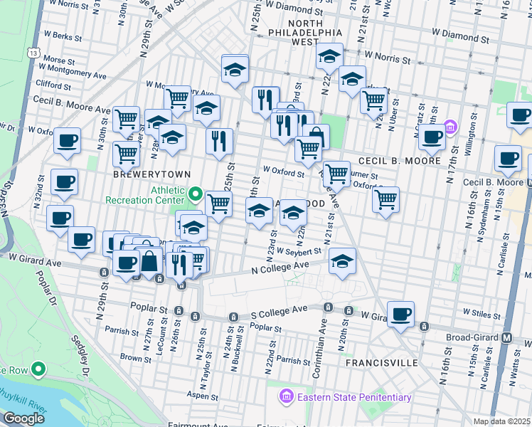 map of restaurants, bars, coffee shops, grocery stores, and more near 2317 Sharswood Street in Philadelphia