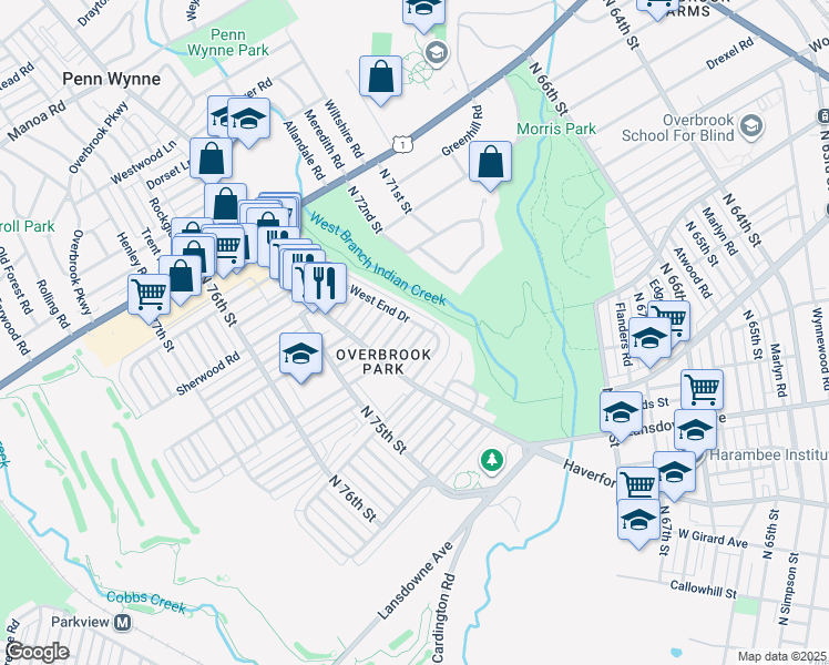 map of restaurants, bars, coffee shops, grocery stores, and more near 7305 Woodcrest Avenue in Philadelphia