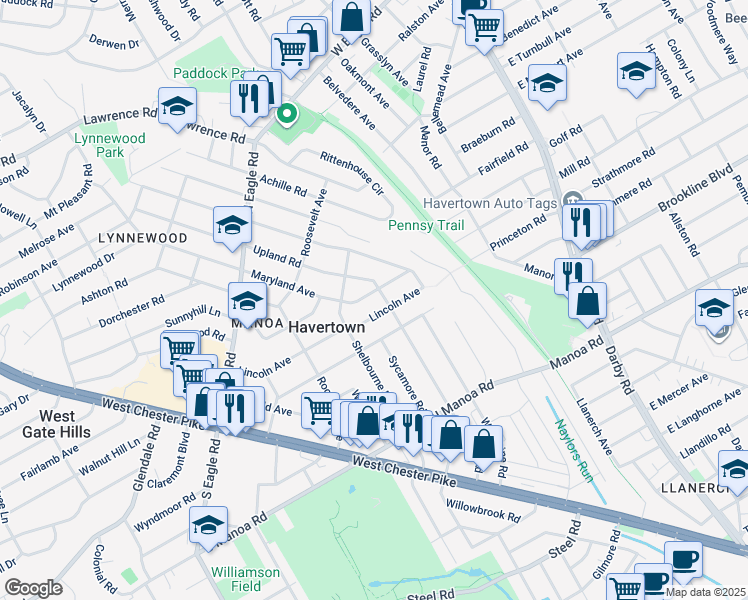 map of restaurants, bars, coffee shops, grocery stores, and more near 309 Maryland Avenue in Havertown