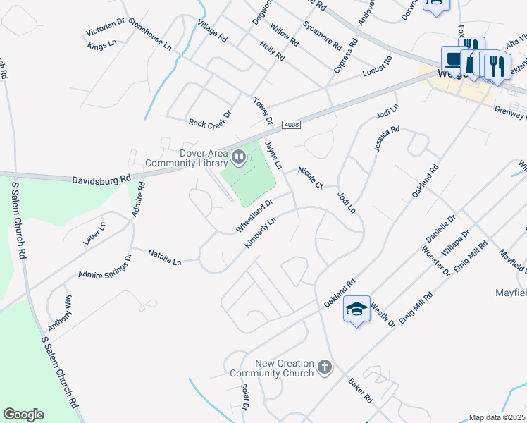 map of restaurants, bars, coffee shops, grocery stores, and more near 3712 Wheatland Drive in Dover