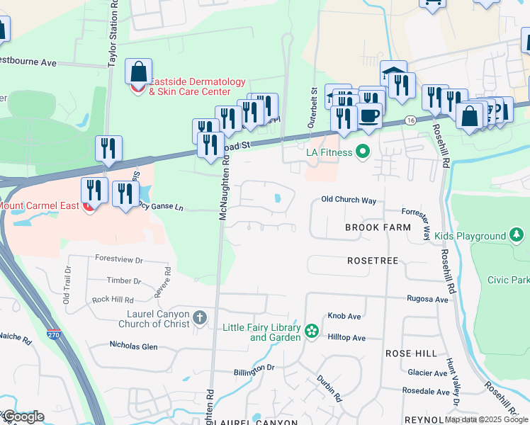 map of restaurants, bars, coffee shops, grocery stores, and more near 6174 Stornoway Drive West in Columbus