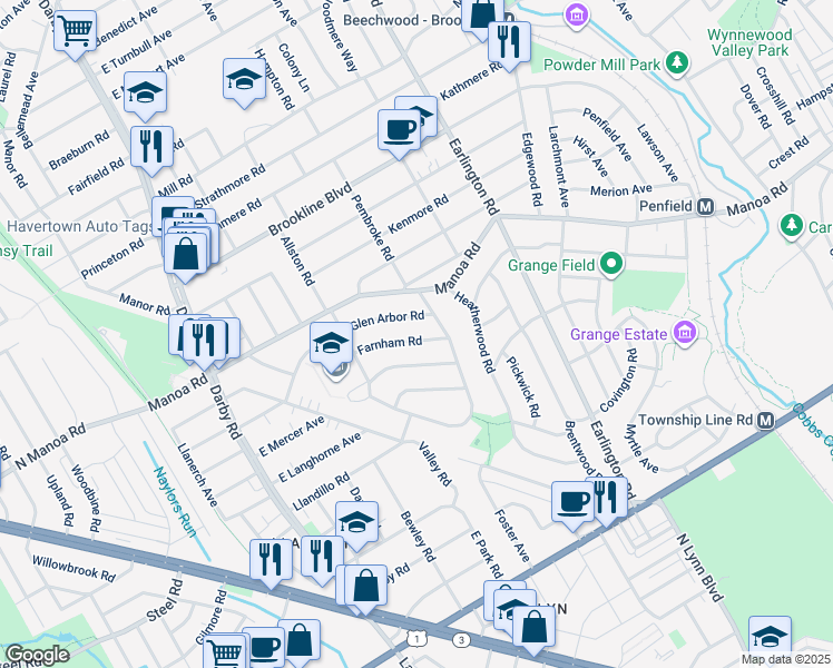 map of restaurants, bars, coffee shops, grocery stores, and more near 224 Farnham Road in Havertown