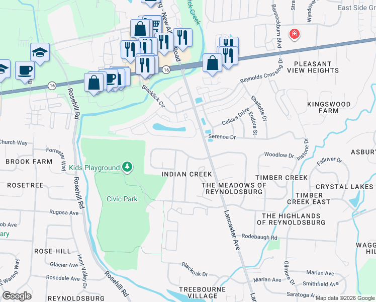 map of restaurants, bars, coffee shops, grocery stores, and more near 7070 Tomahawk Trail in Reynoldsburg