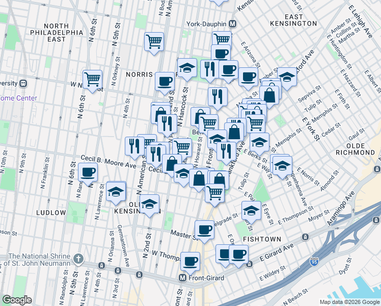 map of restaurants, bars, coffee shops, grocery stores, and more near 131 West Wilt Street in Philadelphia