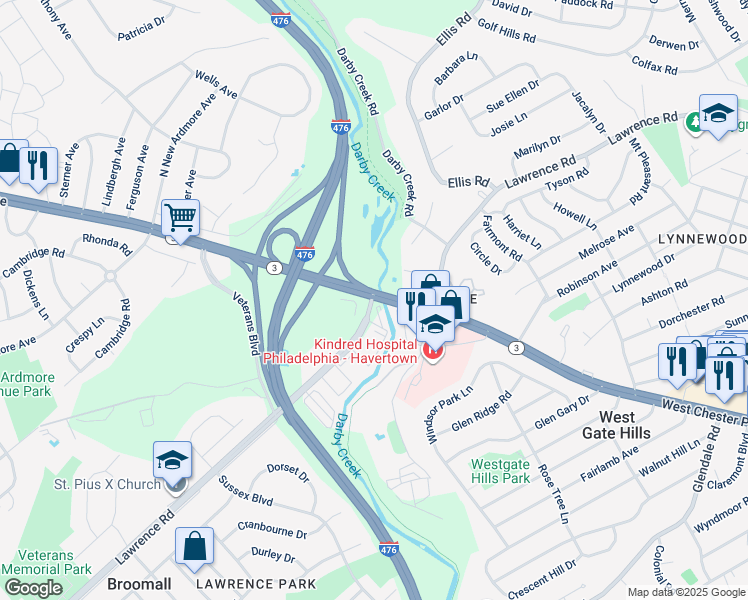 map of restaurants, bars, coffee shops, grocery stores, and more near in Broomall