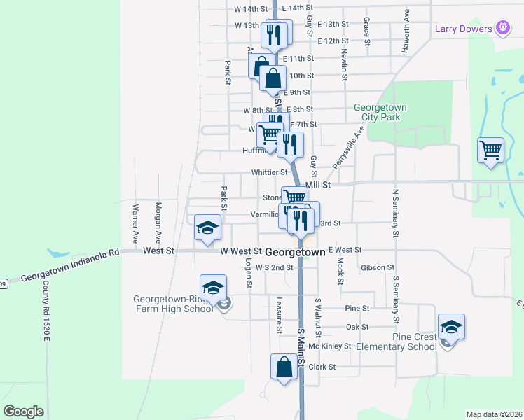 map of restaurants, bars, coffee shops, grocery stores, and more near 201-299 Stone Street in Georgetown