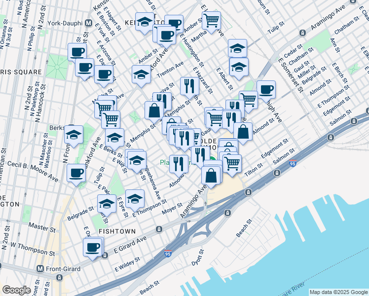 map of restaurants, bars, coffee shops, grocery stores, and more near 2501 East York Street in Philadelphia