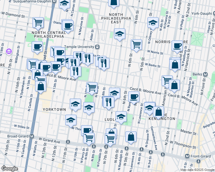 map of restaurants, bars, coffee shops, grocery stores, and more near 732 Cecil B. Moore Avenue in Philadelphia