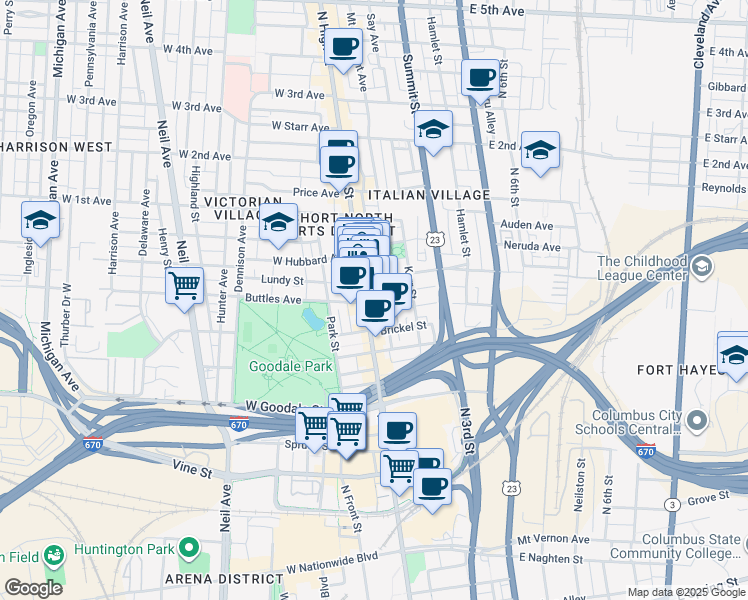 map of restaurants, bars, coffee shops, grocery stores, and more near in Columbus