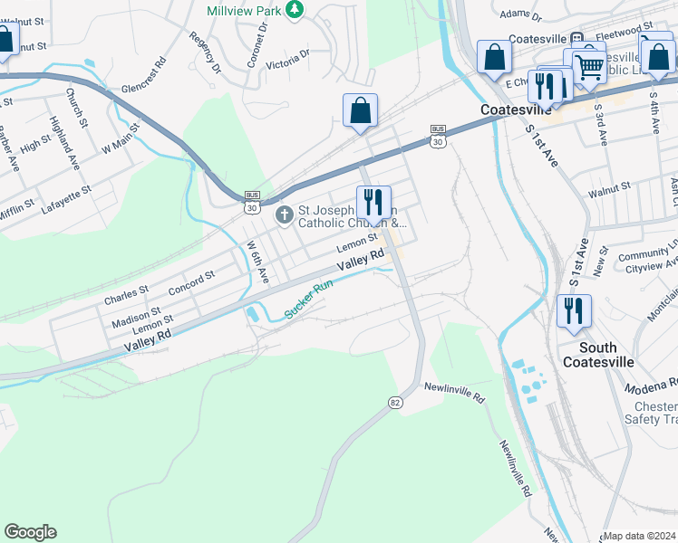 map of restaurants, bars, coffee shops, grocery stores, and more near 402 Valley Road in Coatesville