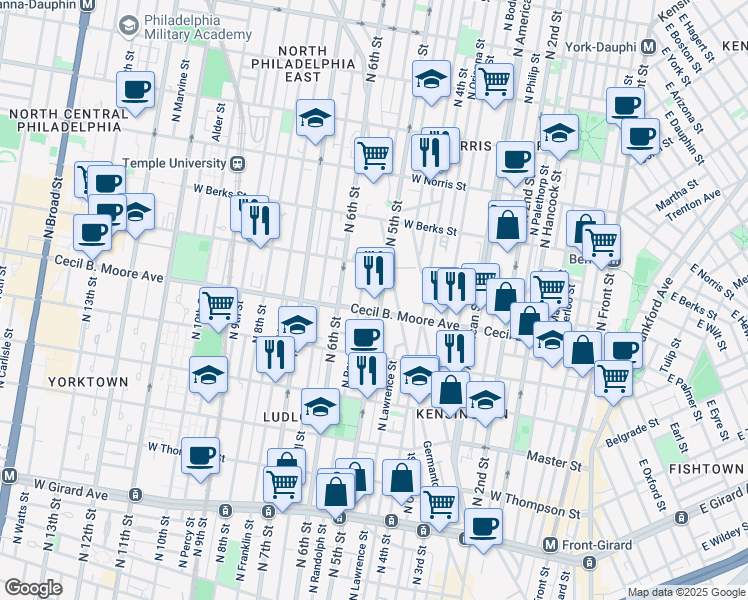 map of restaurants, bars, coffee shops, grocery stores, and more near 1748 North 5th Street in Philadelphia