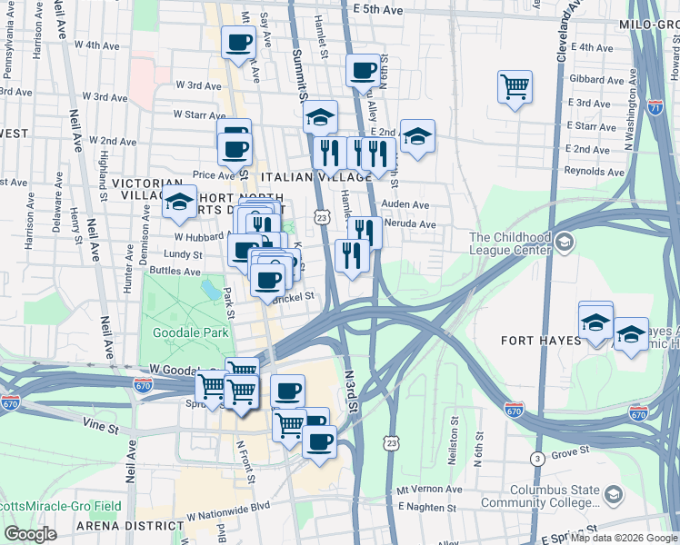 map of restaurants, bars, coffee shops, grocery stores, and more near 138 East Lincoln Street in Columbus