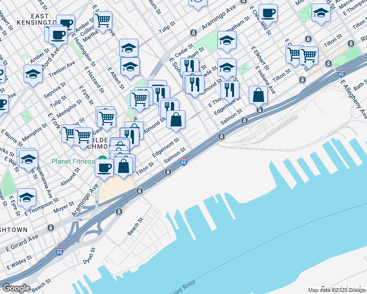 map of restaurants, bars, coffee shops, grocery stores, and more near 2678 Salmon Street in Philadelphia