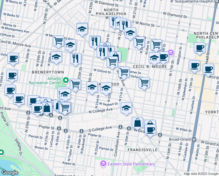 map of restaurants, bars, coffee shops, grocery stores, and more near 2203 Stewart Street in Philadelphia