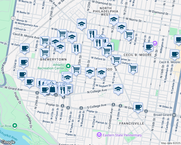 map of restaurants, bars, coffee shops, grocery stores, and more near 2329 Sharswood Street in Philadelphia