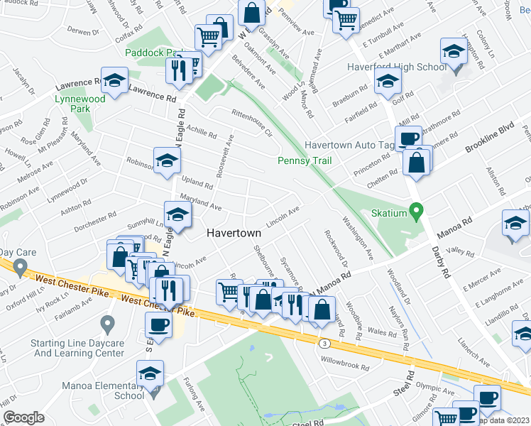 map of restaurants, bars, coffee shops, grocery stores, and more near 309 Maryland Avenue in Havertown