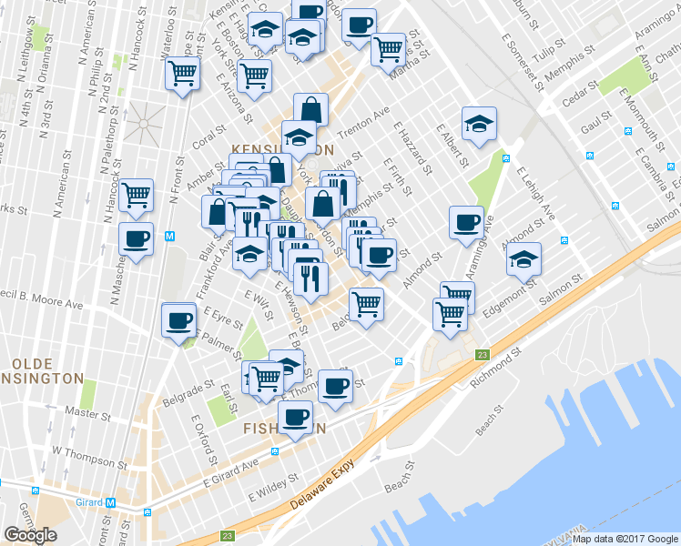 map of restaurants, bars, coffee shops, grocery stores, and more near 2423 East Dauphin Street in Philadelphia