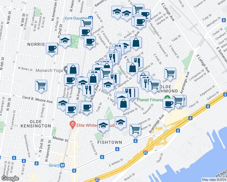 map of restaurants, bars, coffee shops, grocery stores, and more near 1856 Memphis Street in Philadelphia