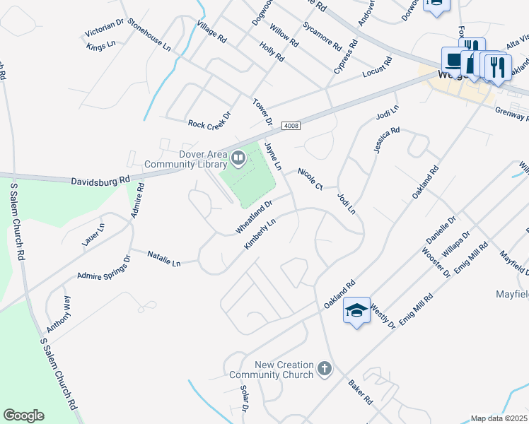 map of restaurants, bars, coffee shops, grocery stores, and more near 3712 Wheatland Drive in Dover