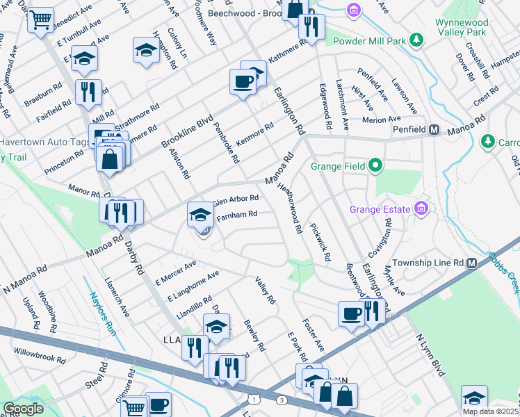 map of restaurants, bars, coffee shops, grocery stores, and more near 228 Farnham Road in Havertown