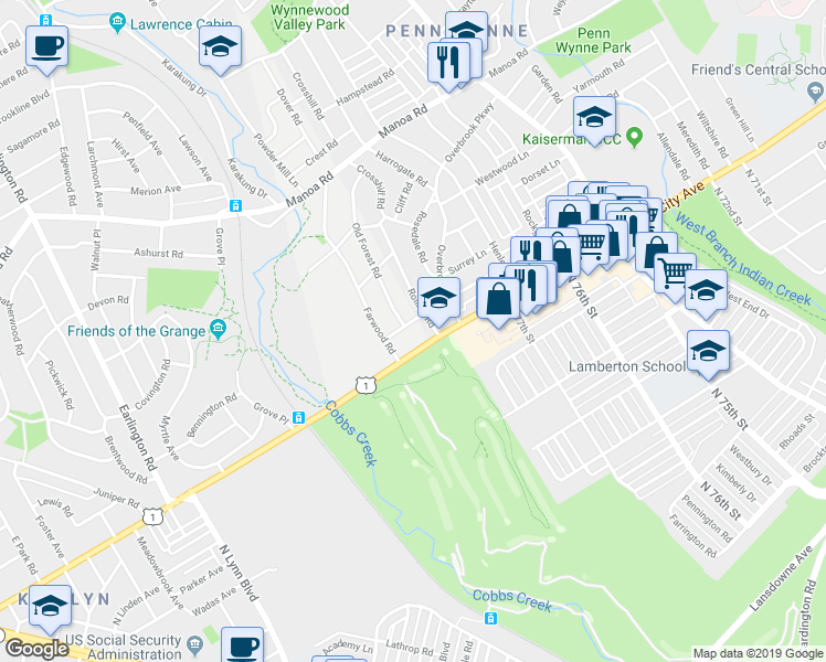 map of restaurants, bars, coffee shops, grocery stores, and more near 1013 Severn Lane in Wynnewood