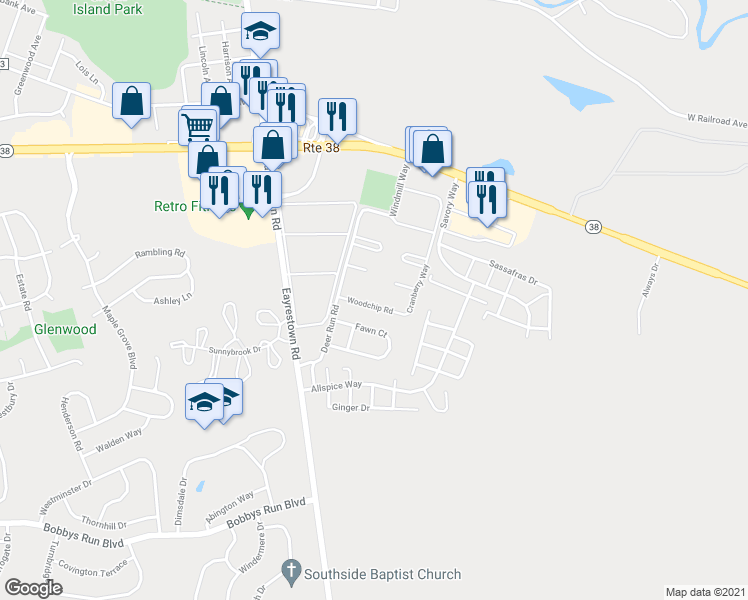map of restaurants, bars, coffee shops, grocery stores, and more near 302 Dove Court in Lumberton